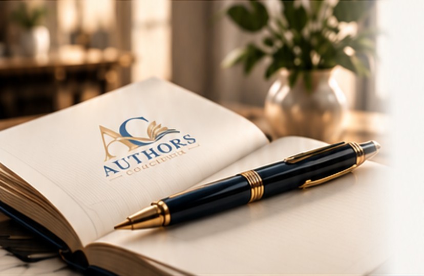 An open notebook embossed with the Authors Concierge logo and a navy and gold pen