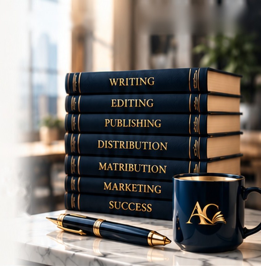 A stack of navy books labelled Writing, Editing, Publishing, Distribution, Marketing and Success beside a pen and an Authors Concierge mug