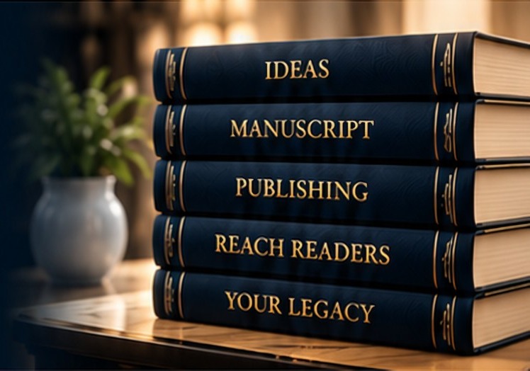 A stack of navy books labelled Ideas, Manuscript, Publishing, Reach Readers and Your Legacy